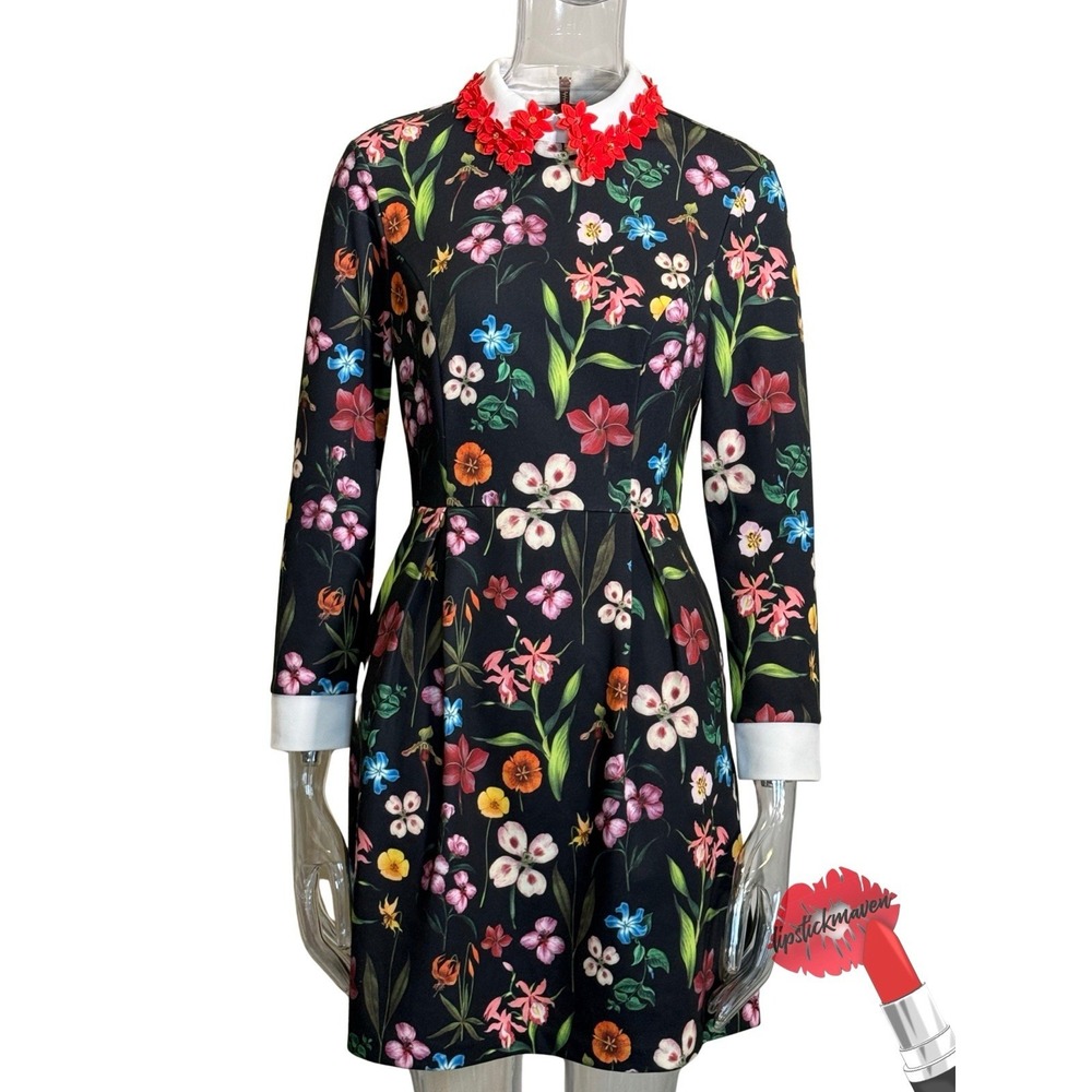 Ted Baker Tillena Dress Womens Size 2 Floral Flower Embellished Collar